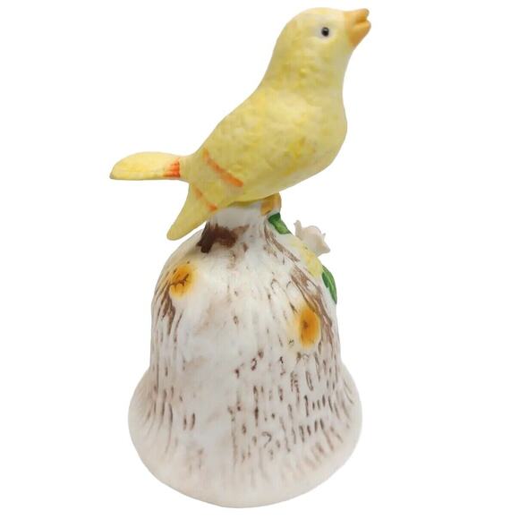 Vintage Ceramic Bell Yellow Bird with Raised Flowers by Price Products 5” Tall - Picture 2 of 7
